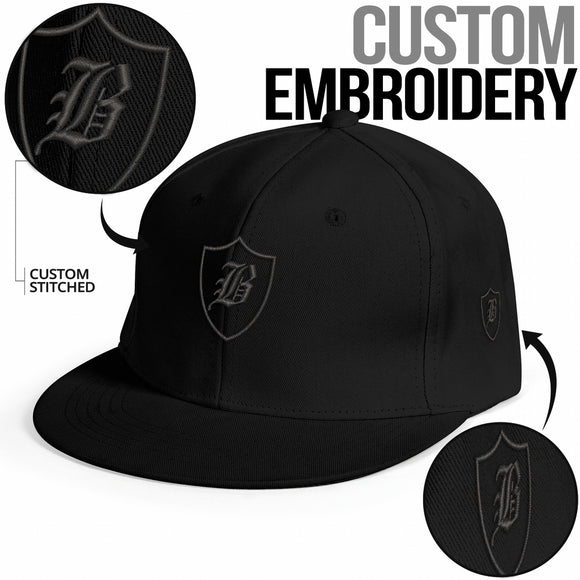 SNAP BACK EMBROIDED HAT- BLACK/BLACK