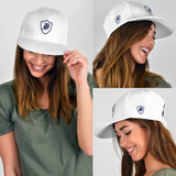 SNAP BACK EMBROIDED HAT - WHITE/BLUE